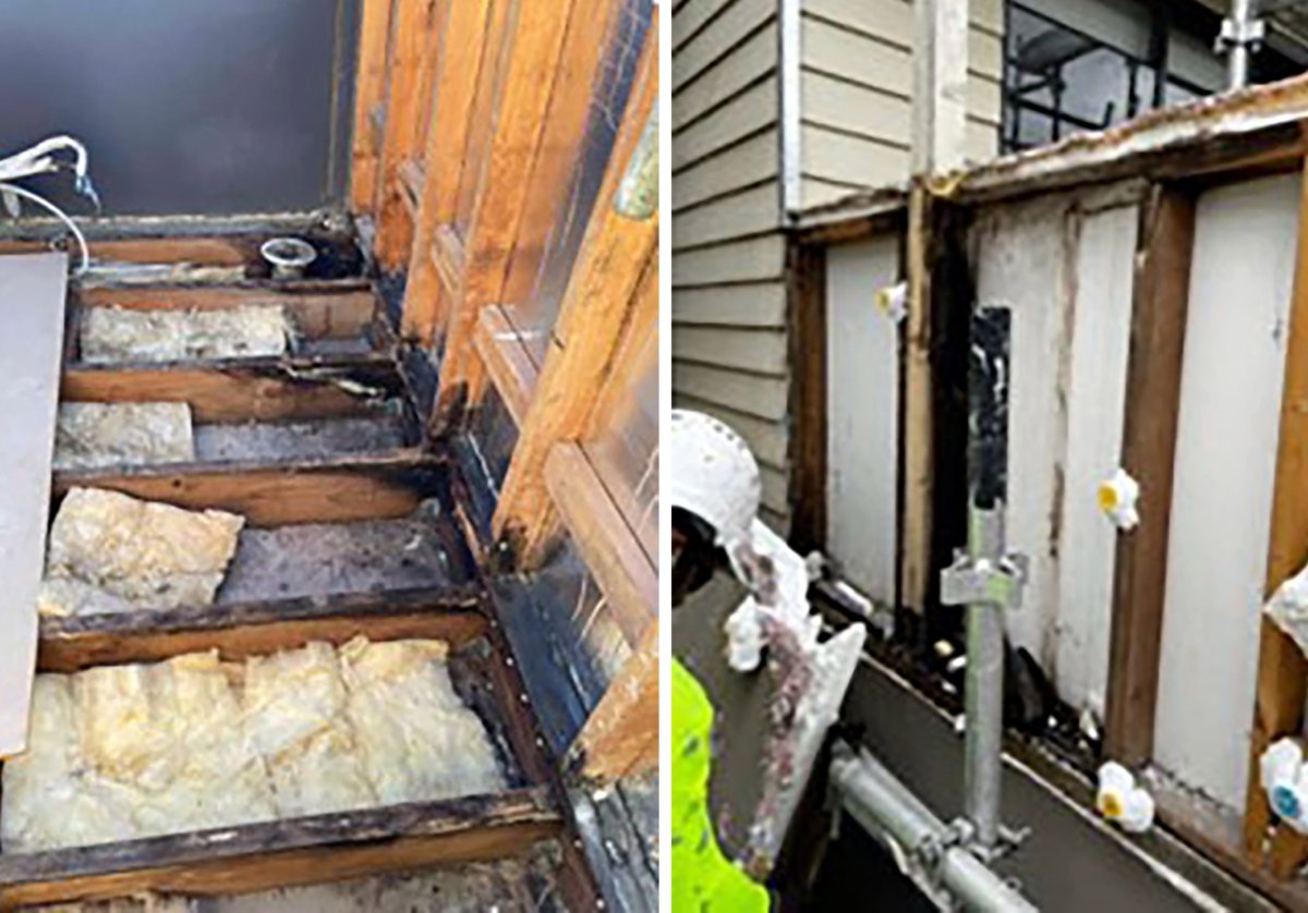 A diptych of two supplied images obtained on July 7, 2023, of defective balconies found during flammable cladding inspections in Victoria. (AAP Image/Supplied by Cladding Safety Victoria)