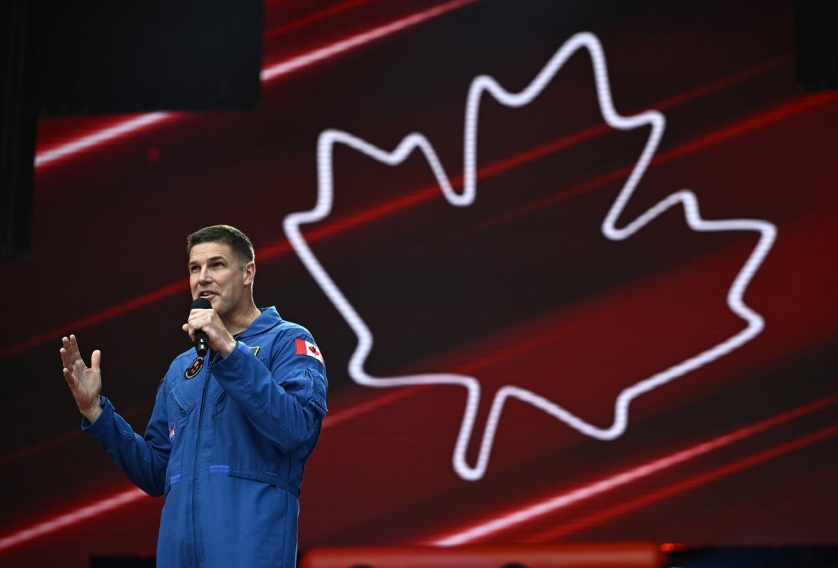 Canadian Space Agency astronaut Jeremy Hansen, who will fly to the moon as part of the Artemis II mission, speaks during the Canada Day noon show at LeBreton Flats in Ottawa, on July 1, 2023. (The Canadian Press/Justin Tang)