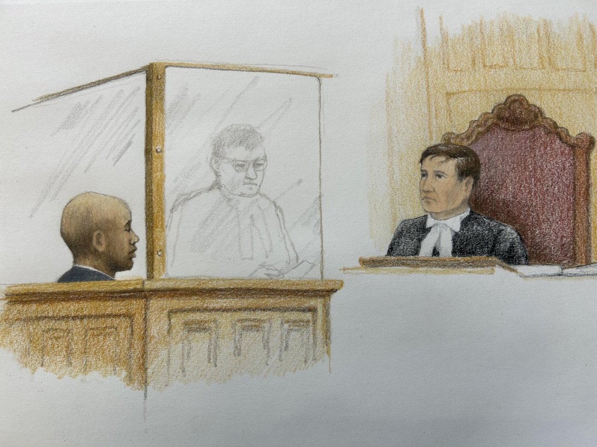 Yannick Bandaogo (L) appears in court before Justice Geoffrey Gaul in New Westminster, B.C., on May 29, 2023 in this artist's sketch. (The Canadian Press/Jane Wolsak)