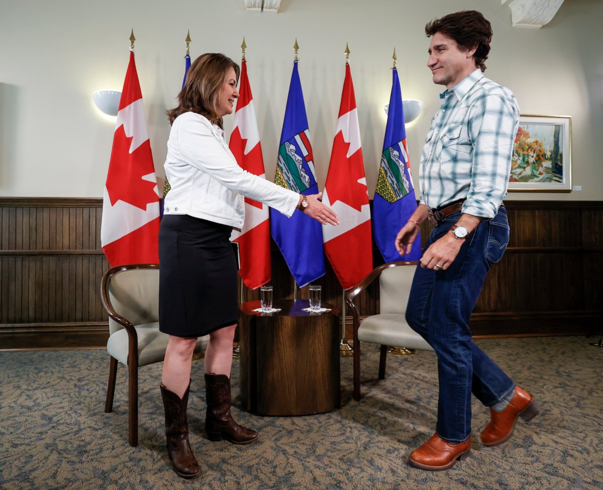 Prime Minister Justin Trudeau meets with Alberta Premier Danielle Smith in Calgary, Alta., on July 7, 2023. (Jeff McIntosh/The Canadian Press)