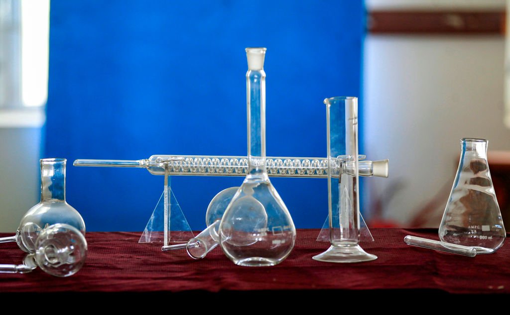 This picture taken on Nov. 17, 2020, shows newly-produced laboratory glass beakers and tubes. (Mohammed Huwais/AFP via Getty Images)