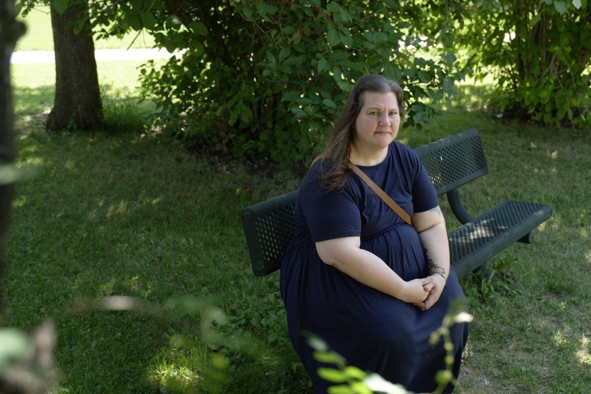 Tressa Mitchell poses for a photo at a park near her home in Weyburn, Sask., on July 1, 2023. (The Canadian Press/Michael Bell)