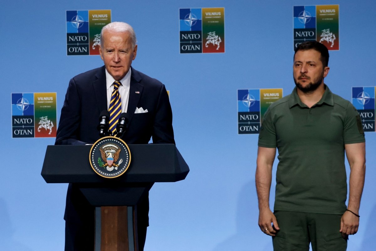 U.S. President Joe Biden (L) delivers his speech as he is flanked by Ukraine's President Volodymyr Zelenskyy during an event with G7 leaders to announce a Joint Declaration of Support for Ukraine during the NATO Summit in Vilnius, Lithuania, on July 12, 2023. (Ludovic Marin/AFP via Getty Images)