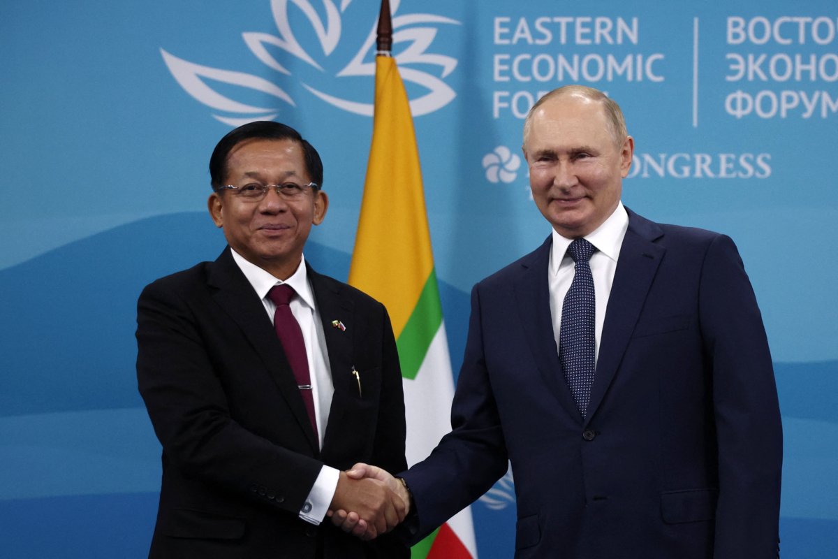 Russian President Vladimir Putin meets with Myanmar junta leader Min Aung Hlaing on the sidelines of the 2022 Eastern Economic Forum in Vladivostok on September 7, 2022. (Valery Sharifulin/SPUTNIK/AFP via Getty Images)