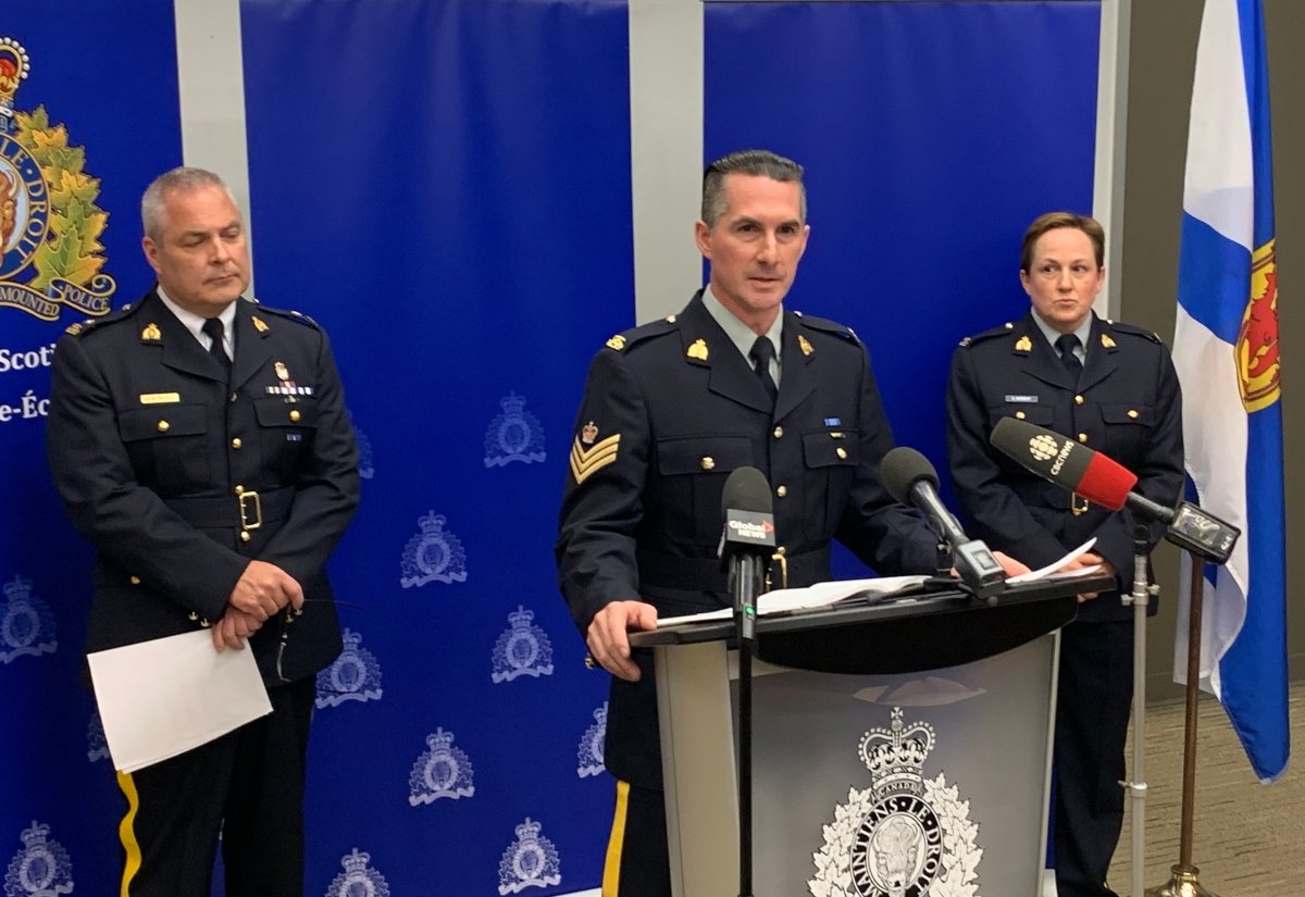 The RCMP are investigating at least 70 cases of alleged sexual assault between 1988 and 2017 at a youth detention facility in Nova Scotia's Annapolis Valley, and believe more victims will come forward. Lead investigator Sgt. Brian Fitzpatrick, centre, speaks during a news conference announcing a confidential hotline for people with knowledge of the case to call, in Halifax, Wednesday, July 12, 2023. Const. Shannon Herbert, an investigator, (R), and Inspector Don Moser (L) also spoke to reporters. (Michael Tutton/The Canadian Press)