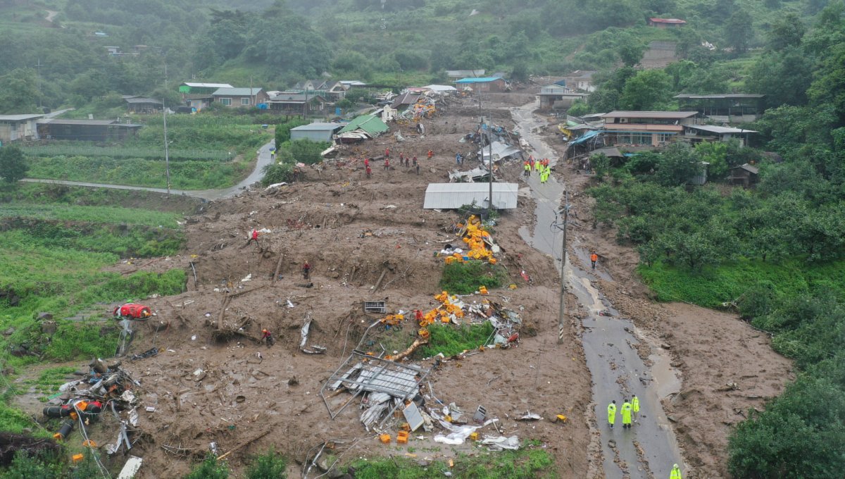 A landslide caused by torrential rain in Yecheon, South Korea, on July 15, 2023. (Yonhap via Reuters)