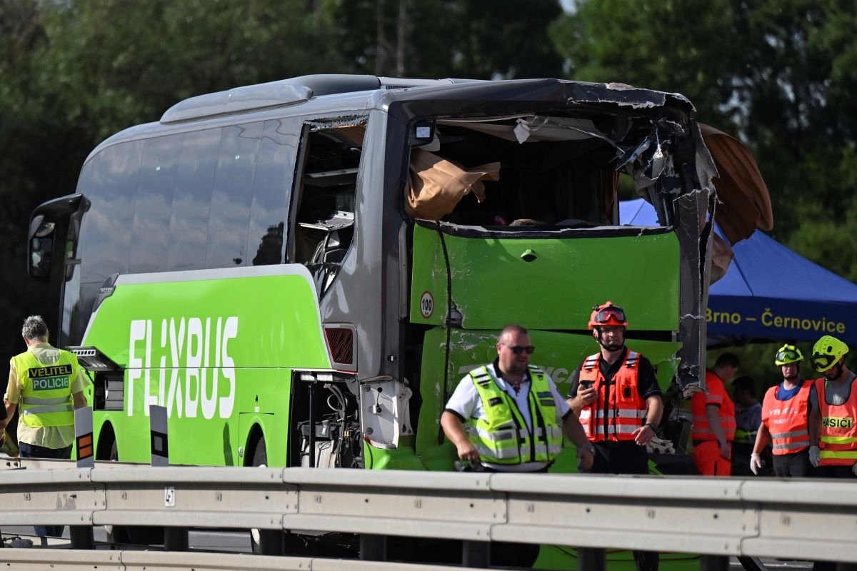 One of the crashed buses is seen at the scene of a crash between two buses on the D2 motorway near Brno, Czech Republic, on July 17, 2023. (Vaclav Salek/CTK via AP)
