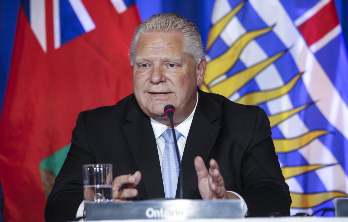 Doug Ford, premier of Ontario, speaks to media during the closing news conference at the Council of the Federation (Canada's Premiers) at the Fort Garry Hotel in Winnipeg, July 12, 2023. (The Canadian Press/John Woods)