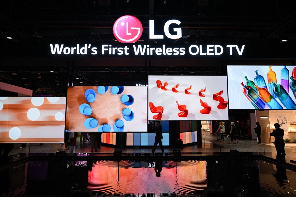 An array of LGs wireless OLED TVs are displayed in the LG booth during a preview ahead of the Consumer Electronics Show (CES) in Las Vegas, Nevada, on Jan. 4, 2023. (Patrick T. Fallon/AFP via Getty Images)