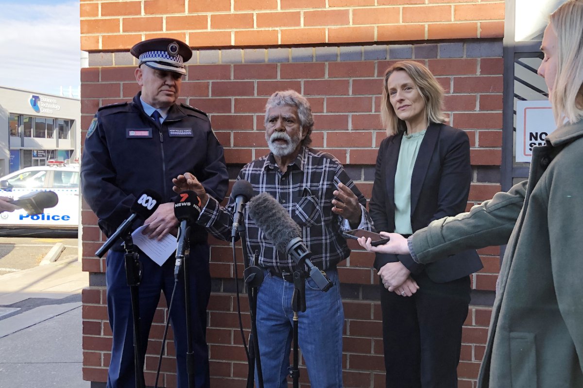 A supplied image shows (L-R) Detective Acting Superintendent Jason Darcy, Uncle Don Craigie and NSW Greens MLC Sue Higginson speak to media at the Tamworth Police Station in Tamworth, July 21, 2023 (AAP Image/Supplied by NSW Greens)