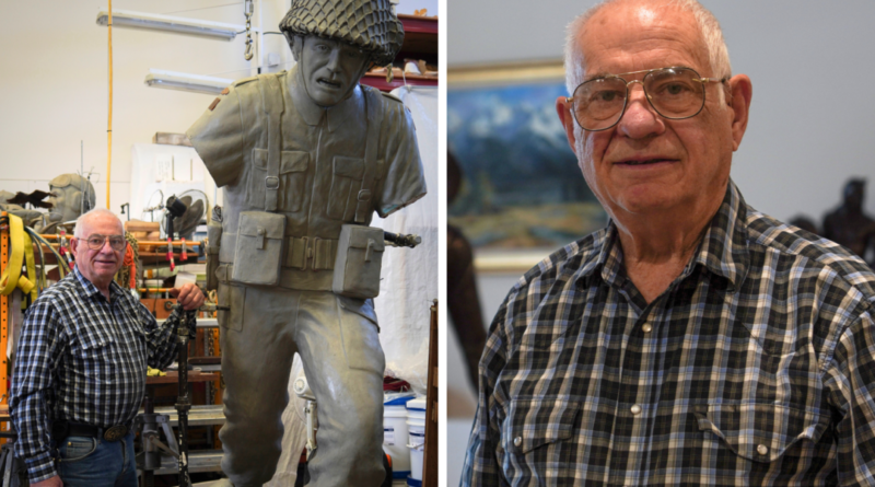 Bronze sculptor Don Begg at Studio West's workshop in Cochrane, Alta., on Nov. 22, 2024. Next to him is a clay version of a sculpture he carved of a Regina Rifles soldier to commemorate the 80th anniversary of D-Day. The original bronze sculpture is on display in France. (Carolina Avendano/The Epoch Times)